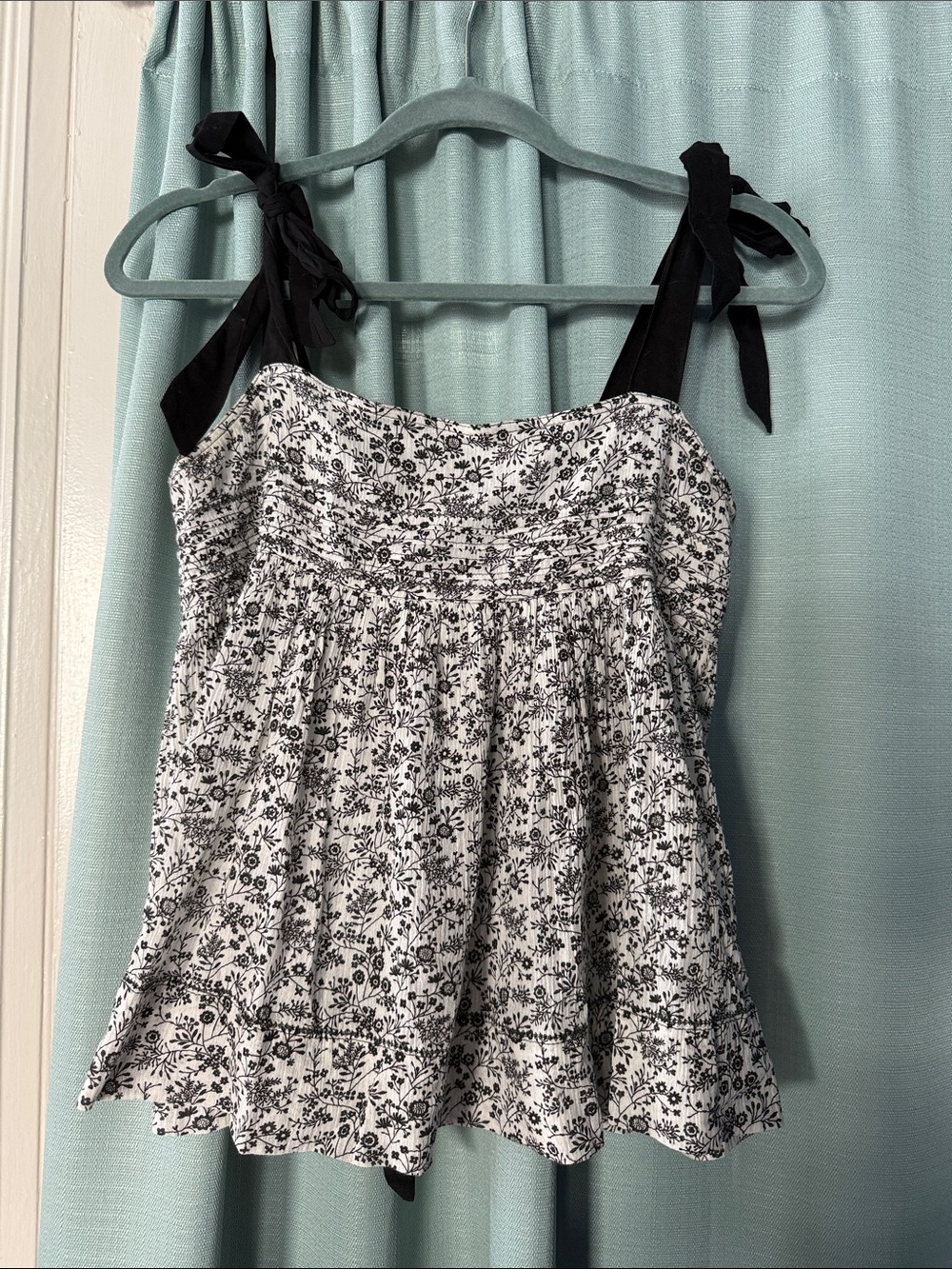 THE GREAT. Black & White Floral Tie-Strap Tank Top
